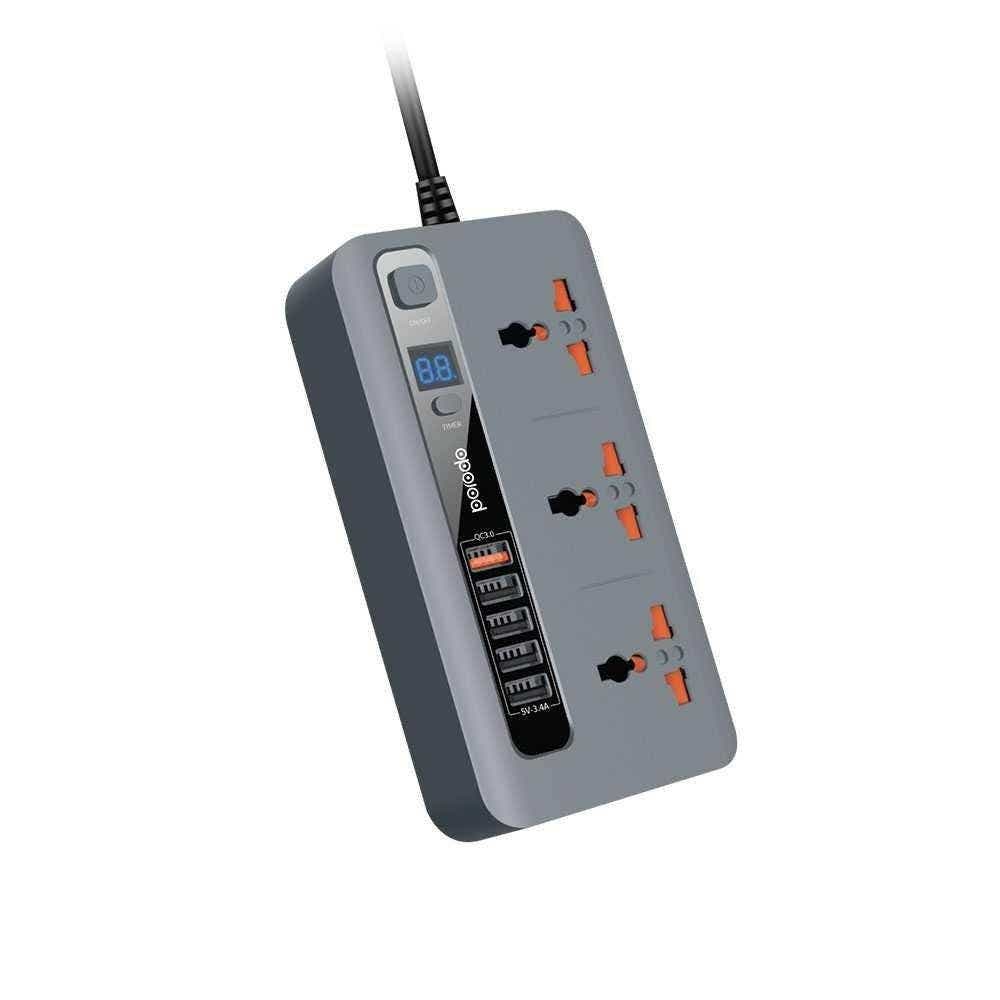 Porodo 4 USB Port 3.4A+ 1 QC 3.0 with 3 Universal Power Sockets 10A, Gray