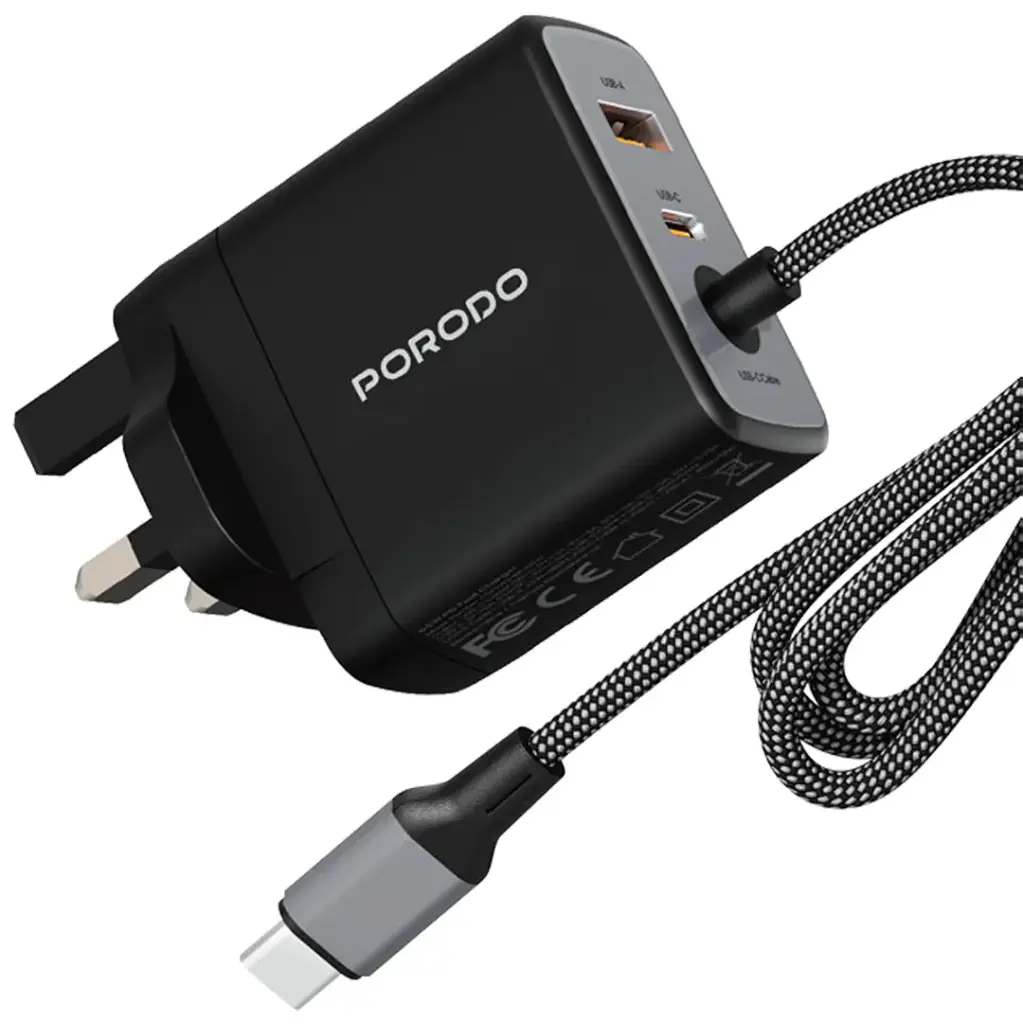 شاحن بورودو زينتريكس 65 واط بتقنية GaN سريع مع كابل USB-C مضفر بطول 1.5 متر - أسود