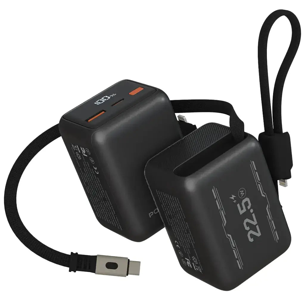 Porodo Voltra 10000mAh Power Bank with Retractable Type-C Cable - Black