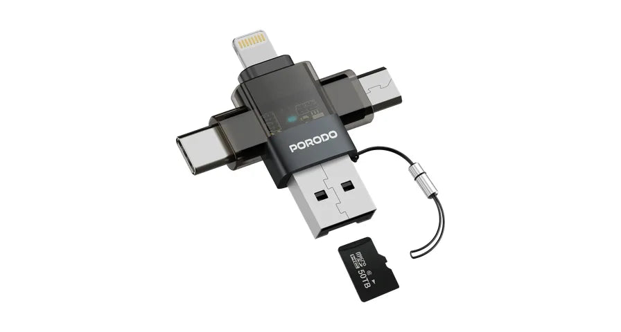 محول OTG الشفاف من بورودو ميني لينك مع USB-C و مايكرو USB و لايتنينج و فتحة بطاقة ذاكرة - رمادي