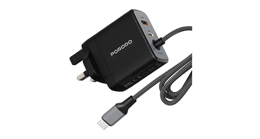 شاحن بورودو زينتريكس 65 واط بتقنية GaN سريع مع كابل USB-C مضفر بطول 1.5 متر - أسود