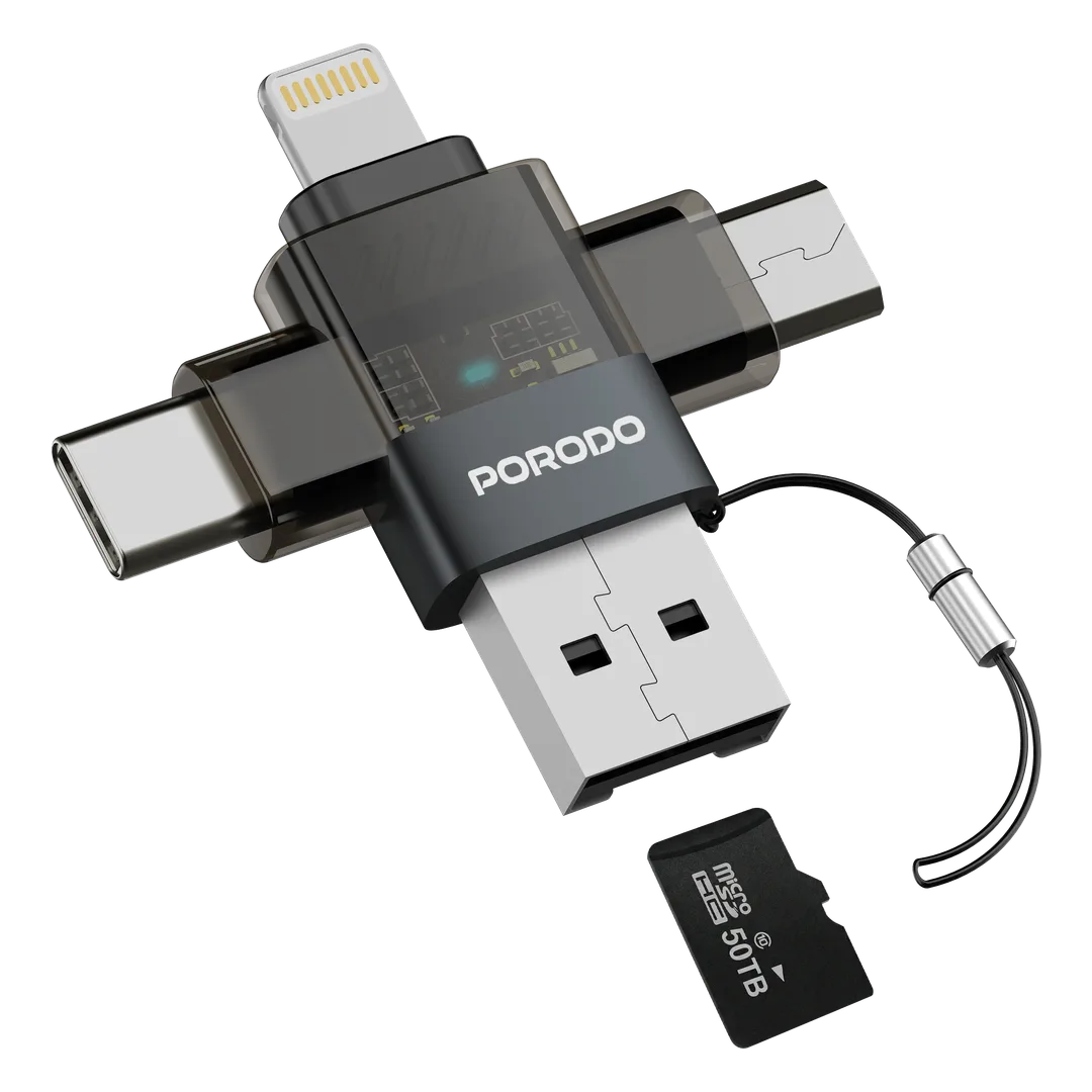 محول OTG الشفاف من بورودو ميني لينك مع USB-C و مايكرو USB و لايتنينج و فتحة بطاقة ذاكرة - رمادي
