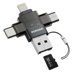محول OTG الشفاف من بورودو ميني لينك مع USB-C و مايكرو USB و لايتنينج و فتحة بطاقة ذاكرة - رمادي