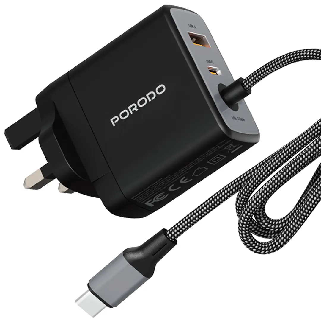 شاحن بورودو زينتريكس 65 واط بتقنية GaN سريع مع كابل USB-C مضفر بطول 1.5 متر - أسود