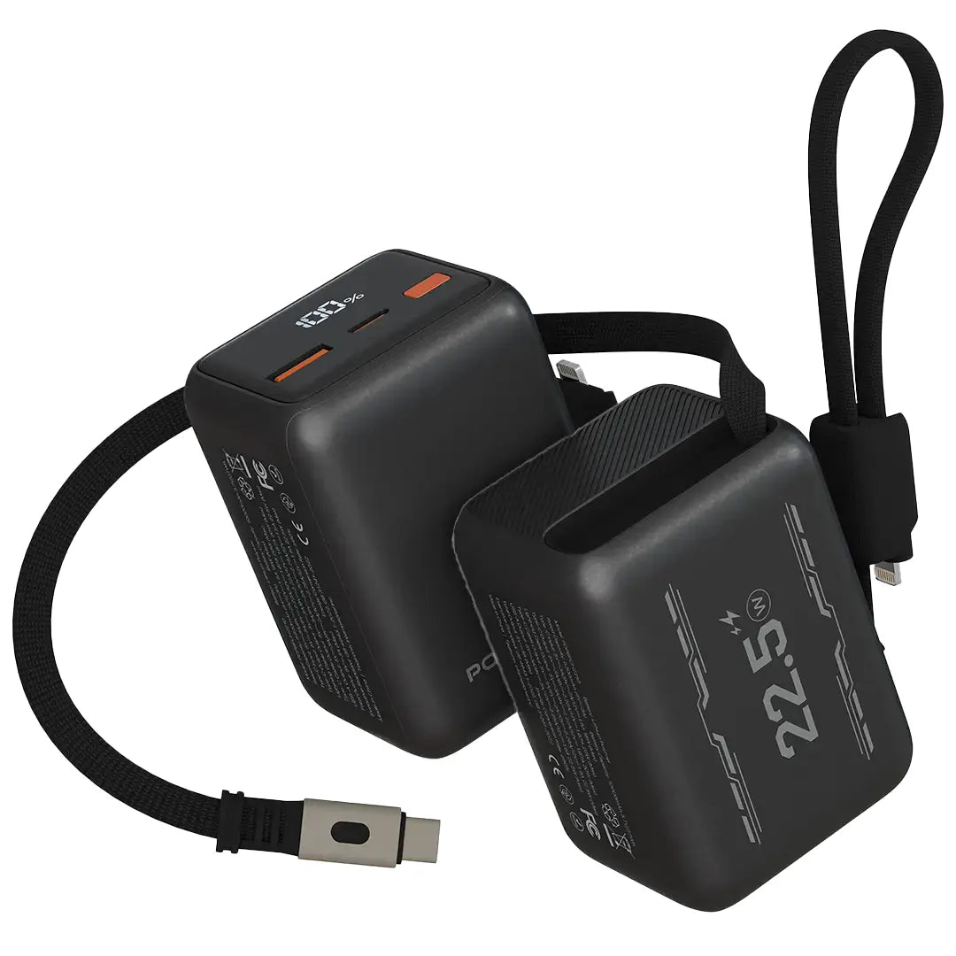 Porodo Voltra 10000mAh Power Bank with Retractable Type-C Cable - Black